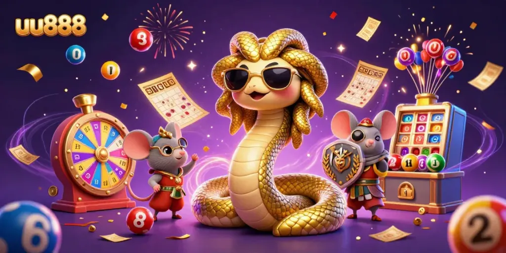 Spin and win with uu888 at a vibrant online casino featuring Medusa, a warrior mouse, and colorful lottery elements.