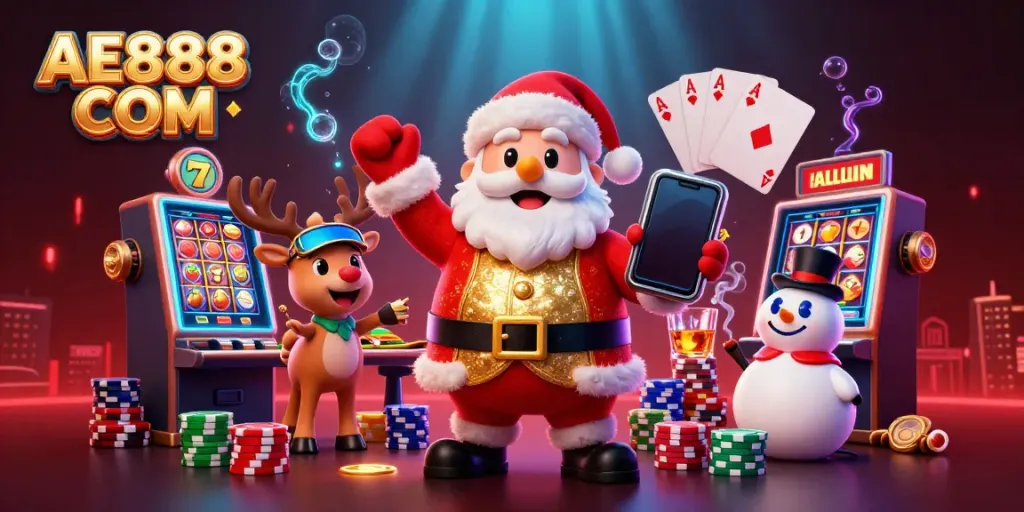 Engage in exciting slot action with AE888 COM's vibrant casino scene featuring Santa and friends.