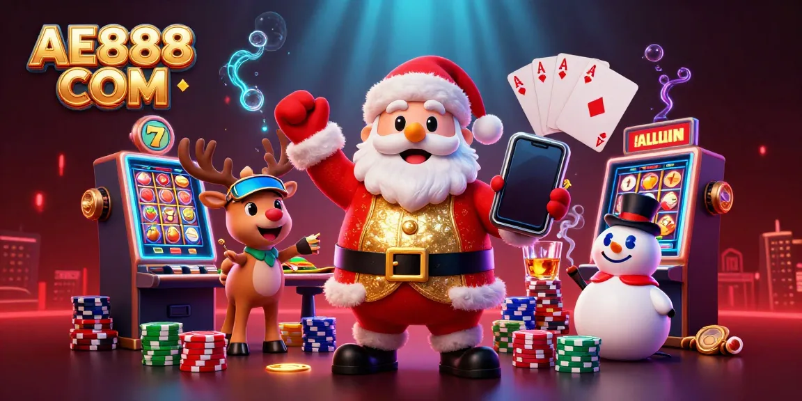 Engage in exciting slot action with AE888 COM's vibrant casino scene featuring Santa and friends.