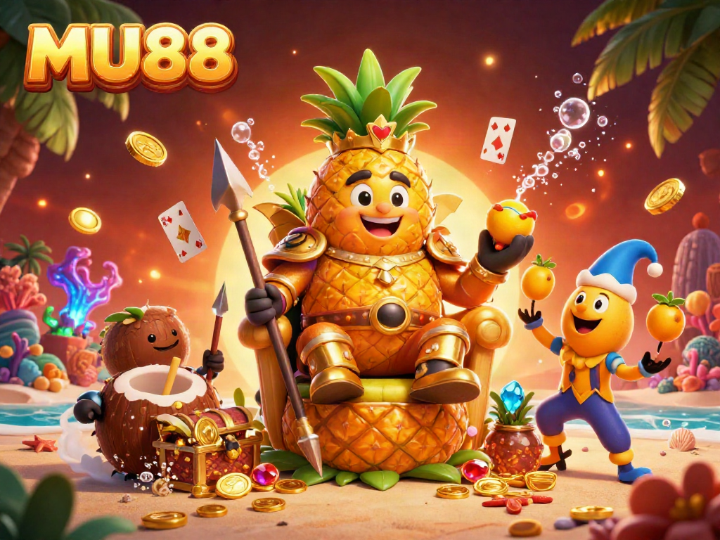 Engage with MU88's vibrant beach casino scene featuring the golden pineapple king and whimsical companions.