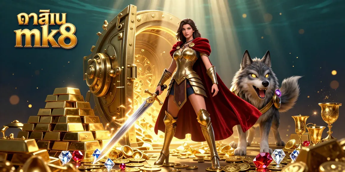 Experience excitement at คาสิโน mk8 with a dynamic 3D scene showcasing an armored warrior queen and treasure.