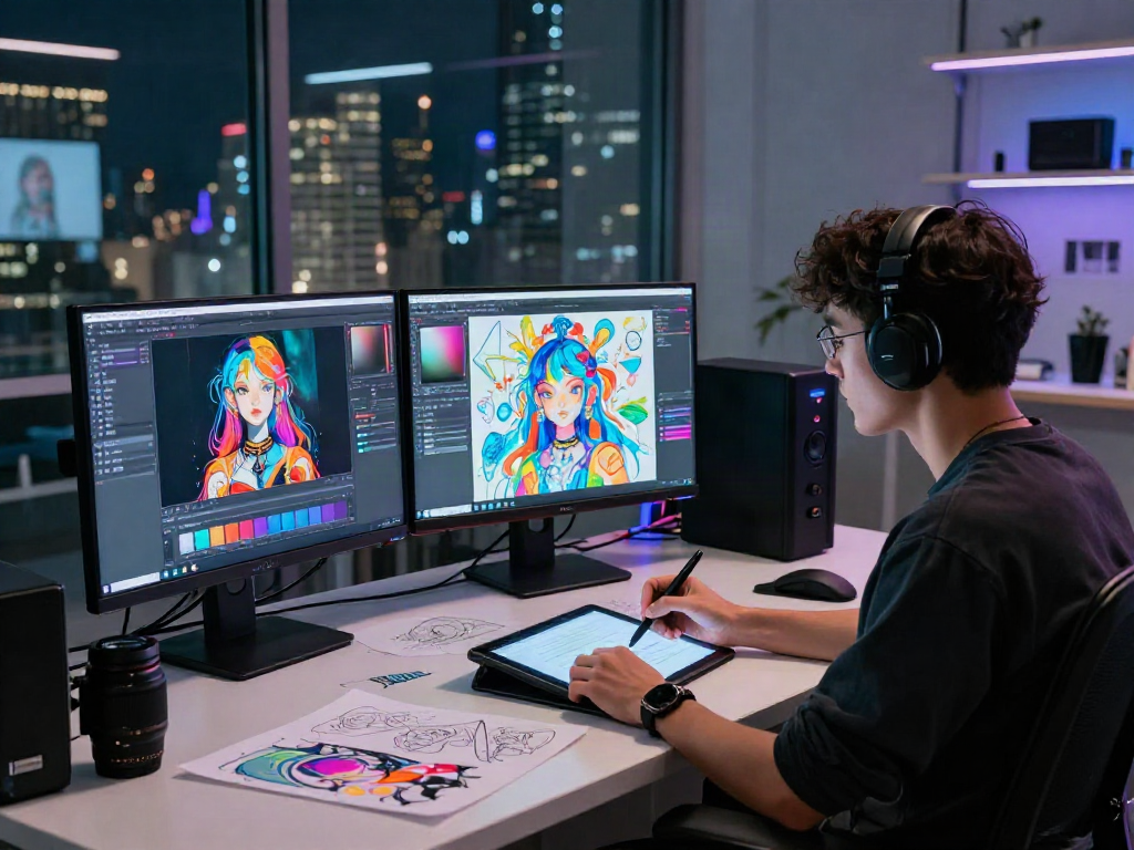 Creating NSFW AI art in a digital studio with vibrant visuals and modern technology.