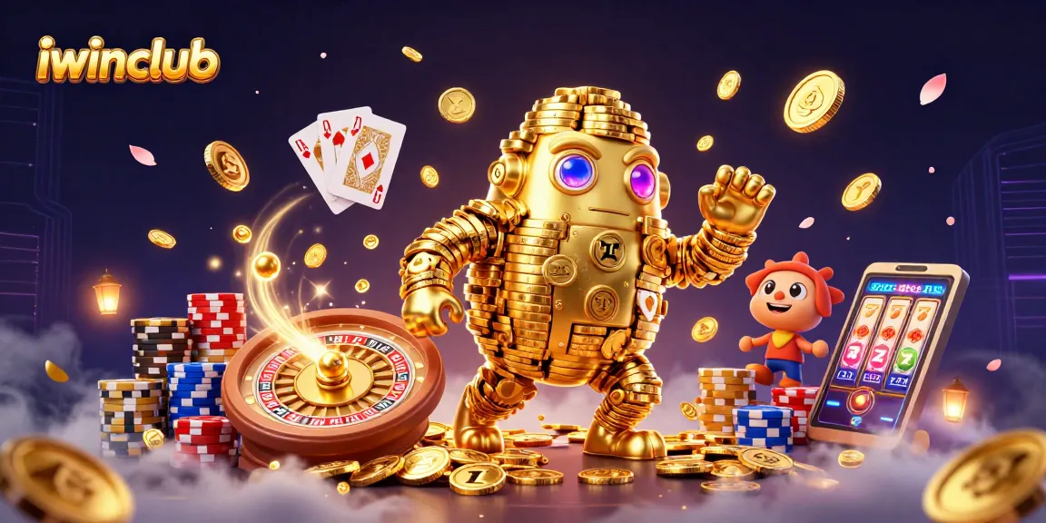Engage in thrilling games with iwinclub's vibrant 3D casino illustration showcasing dynamic golem and slot elements.