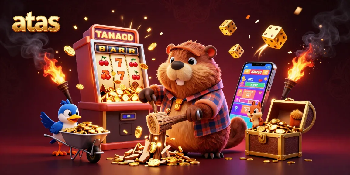 Experience the excitement of winning big at atas casino with dynamic 3D characters and slot machine illustration