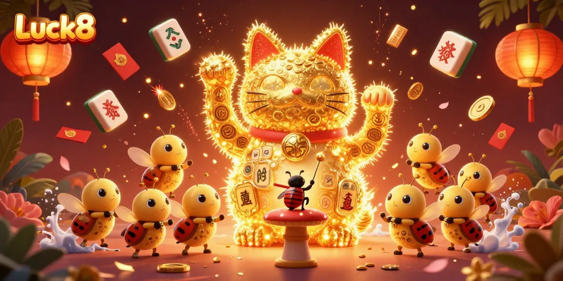 Luck8 casino illustration featuring a lucky cat and vibrant gaming symbols, ideal for online gambling.
