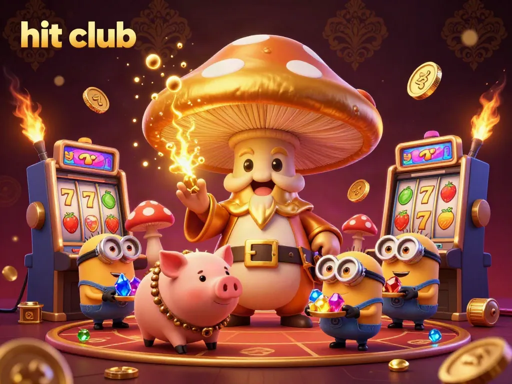 Engage with hit club's enchanting 3D illustration where a golden wizard conjures treasures amidst vibrant casino games.