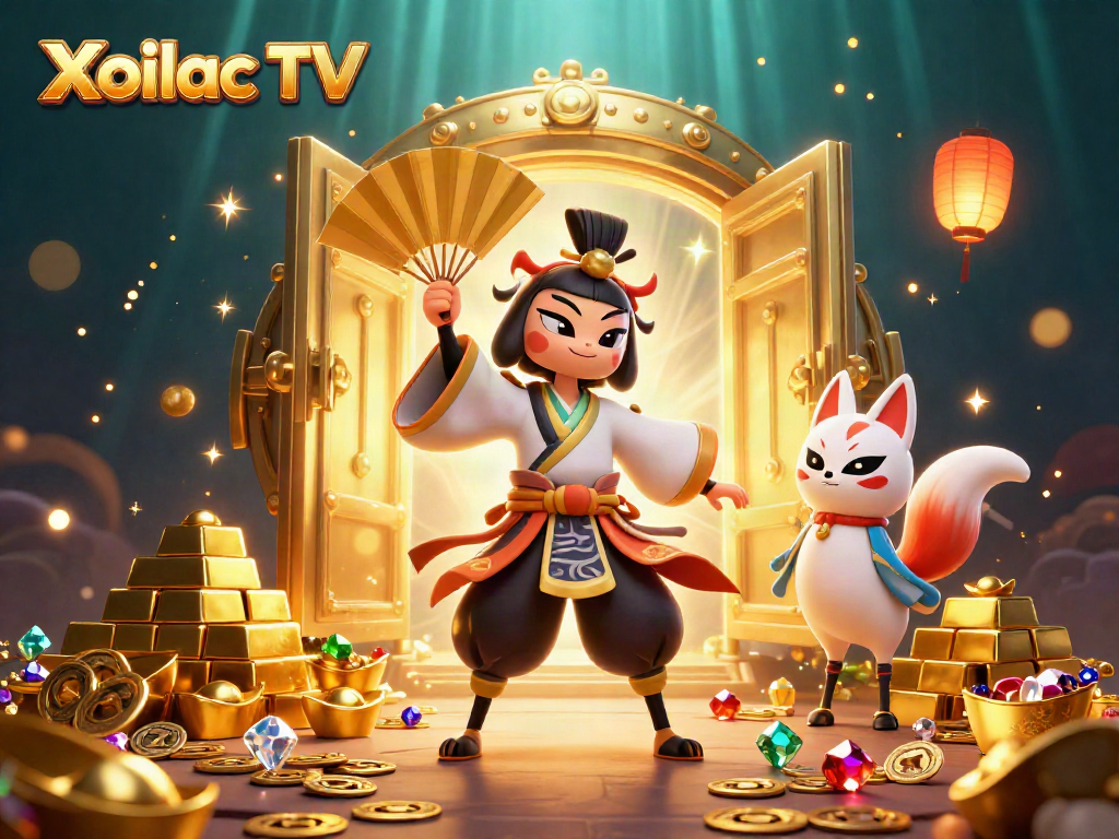 Xoilac TV features a dynamic illustration of a kabuki warrior and kitsune, surrounded by casino treasures.