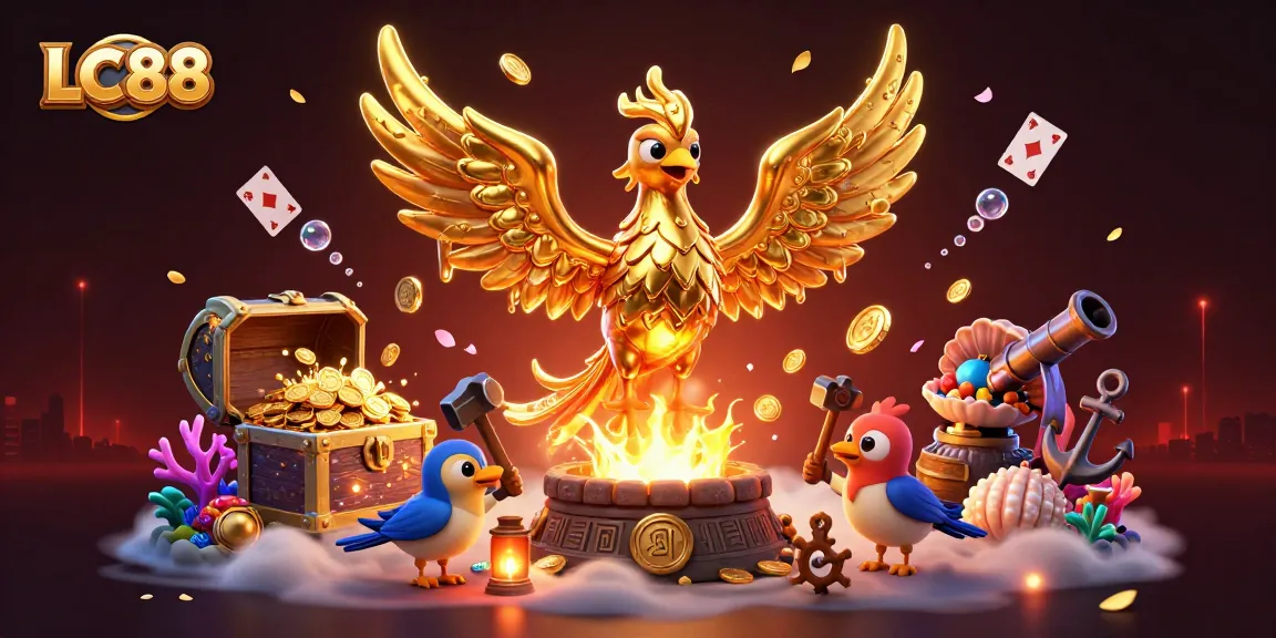 Experience the thrill of LC88 with a molten phoenix and treasures from the casino world.