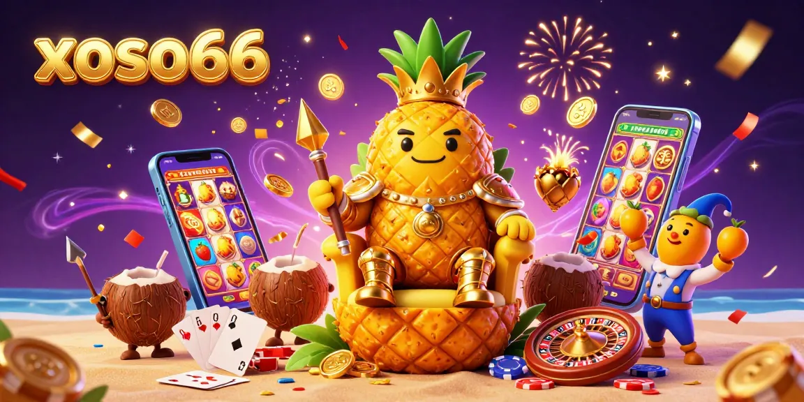 Engage with xoso66 at the vibrant casino scene showcasing a golden pineapple king and colorful slot game.