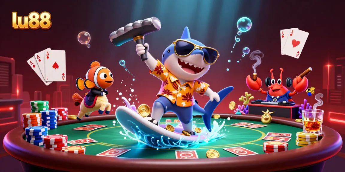 Experience thrill at lu88 with a shark surfing gold coins amidst poker excitement!