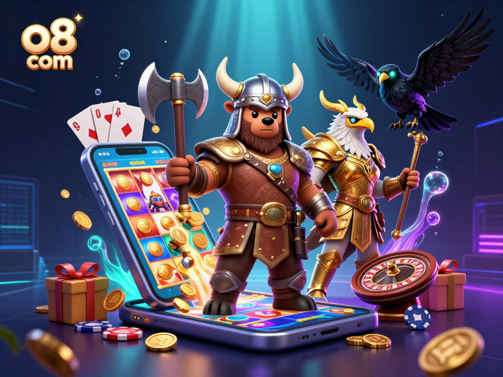 Engage with thrilling slots and dynamic casino action at o8 com with this vibrant 3D illustration.