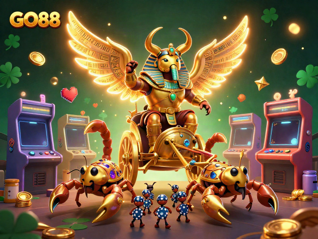 Engage with GO88's vibrant casino scene featuring a golden scarab and game elements.