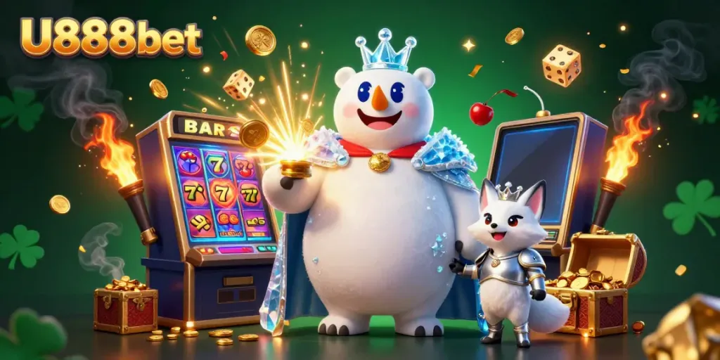 Experience an unforgettable jackpot thrill with U888bet as the ice king polar bear and fox champion celebrate in a vibrant casino scene.