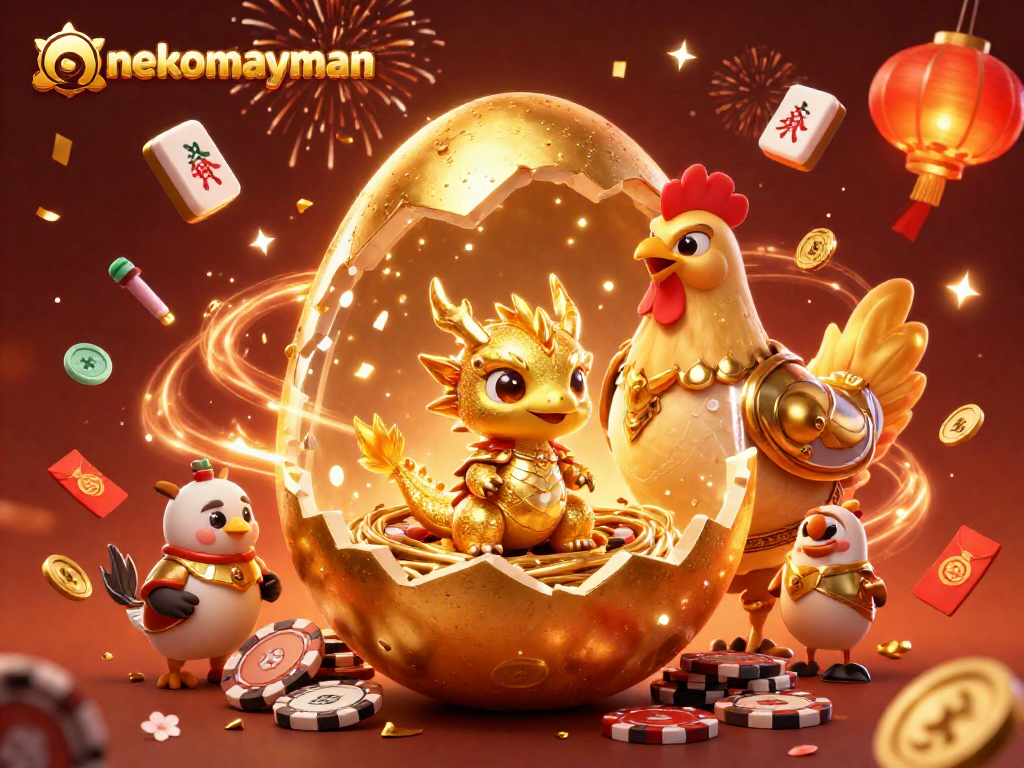 Join the excitement at nekomayman with a golden dragon and poker chips, surrounded by festive elements!