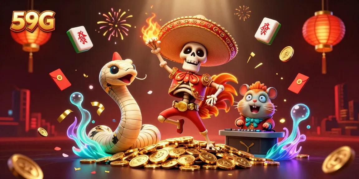Experience the excitement of 59G with animated casino characters celebrating wins surrounded by vibrant elements