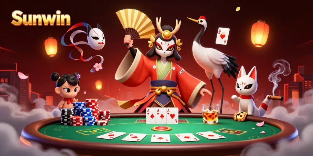 Engage with thrilling poker games at Sunwin, showcasing dynamic characters and vibrant casino elements.