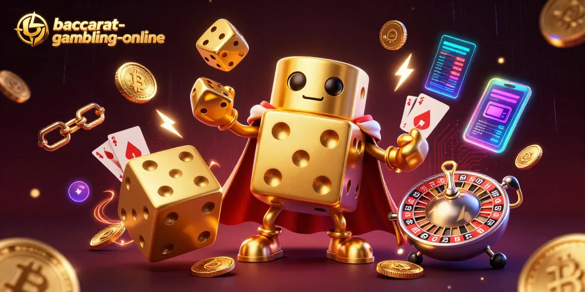 Baccarat-gambling-online showcases a vibrant scene with a golden dice golem, juggling dice surrounded by crypto elements.