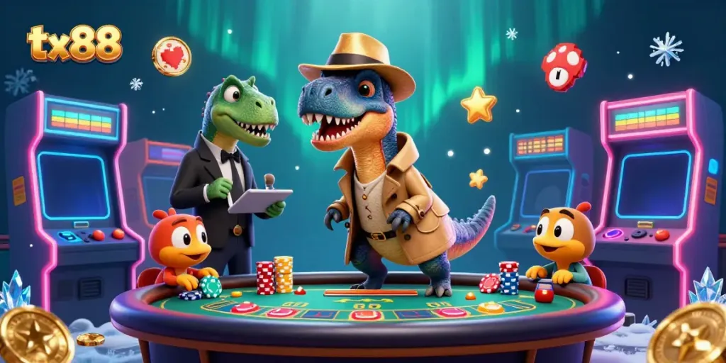Experience the fun of tx 88 as cartoon dinosaurs play blackjack in a vibrant casino environment.