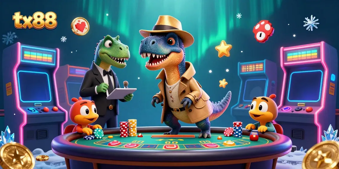 Experience the fun of tx 88 as cartoon dinosaurs play blackjack in a vibrant casino environment.
