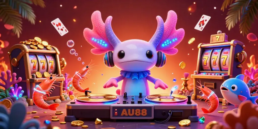 Dive into the excitement of AU88 with vibrant 3D casino illustrations featuring a DJ axolotl, glowing shrimp, and underwater treasures.