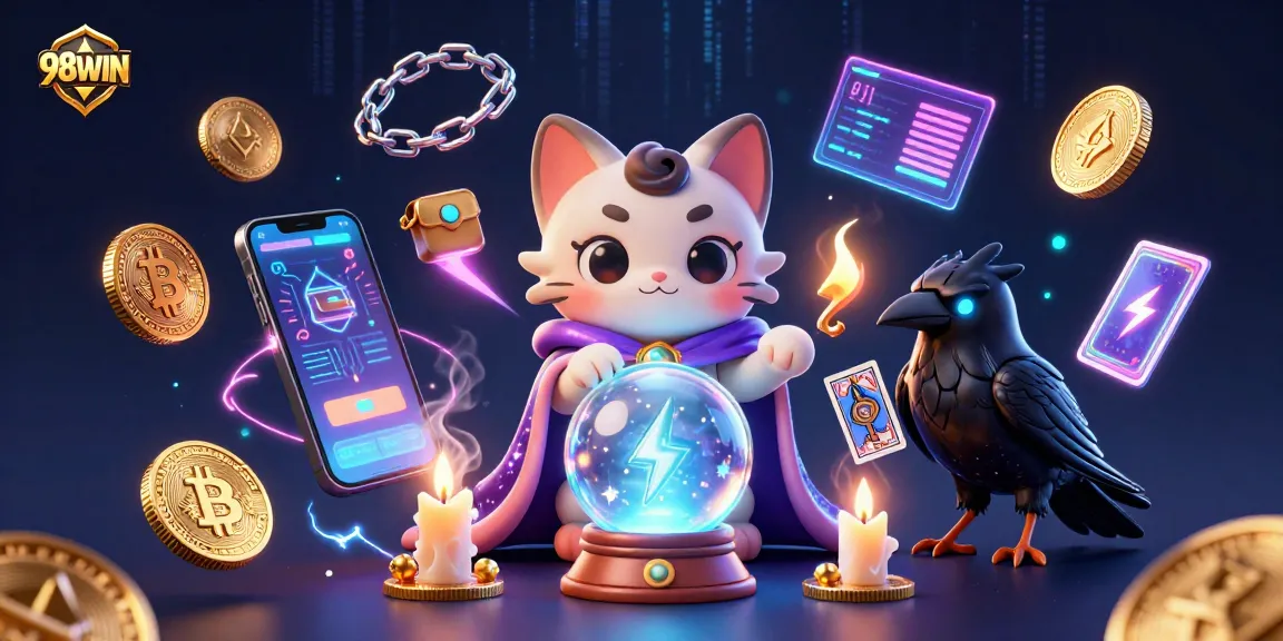 Engage in thrilling gameplay with 98WIN, featuring a mystical cat and a tarot raven amidst glowing crypto elements.
