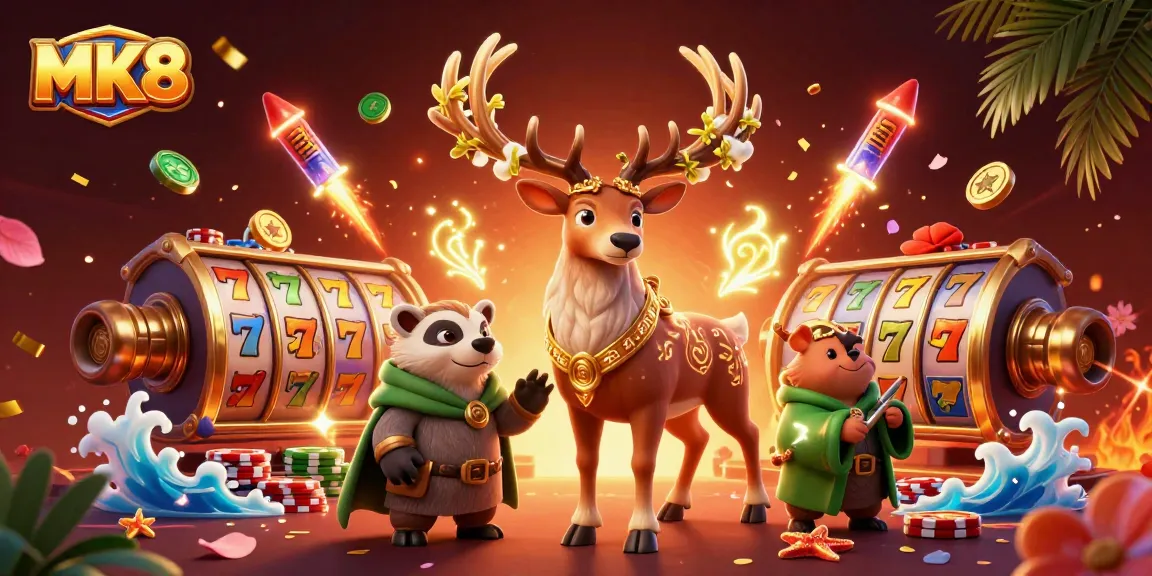 Engage in thrilling MK8 gaming adventures with a lively casino illustration featuring classic slot elements.
