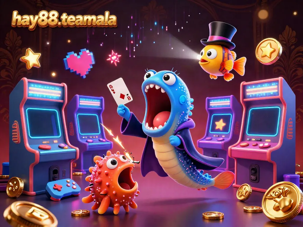 Experience the magic at hay88-teamala with vibrant characters performing thrilling card tricks in a world of colorful arcade games.