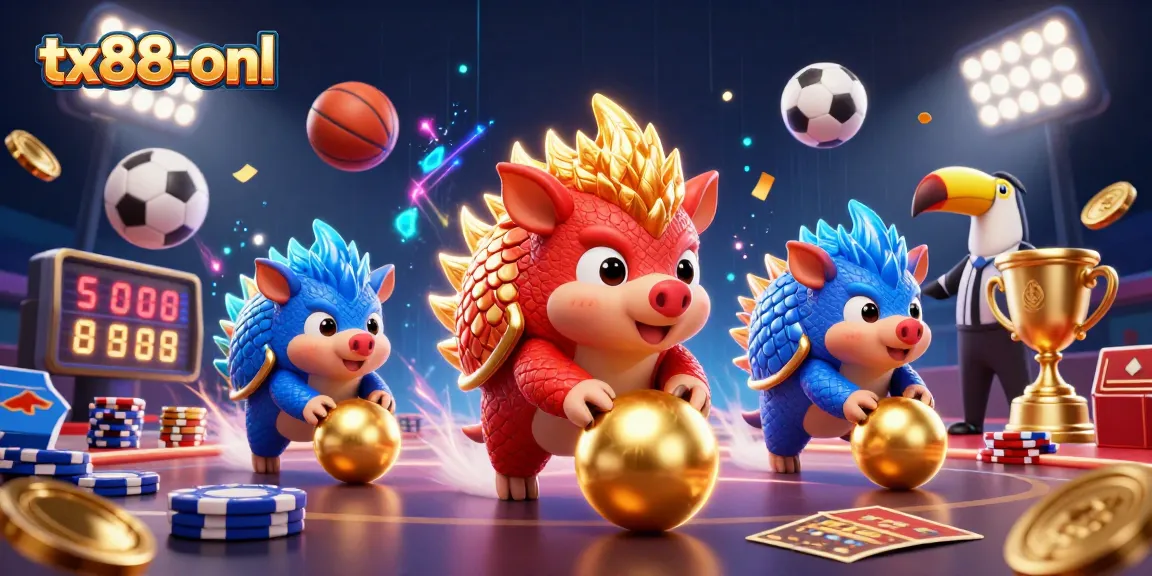 Engage with tx88-onl as rival pangolins roll into golden balls and poker chips in a vibrant casino scene.