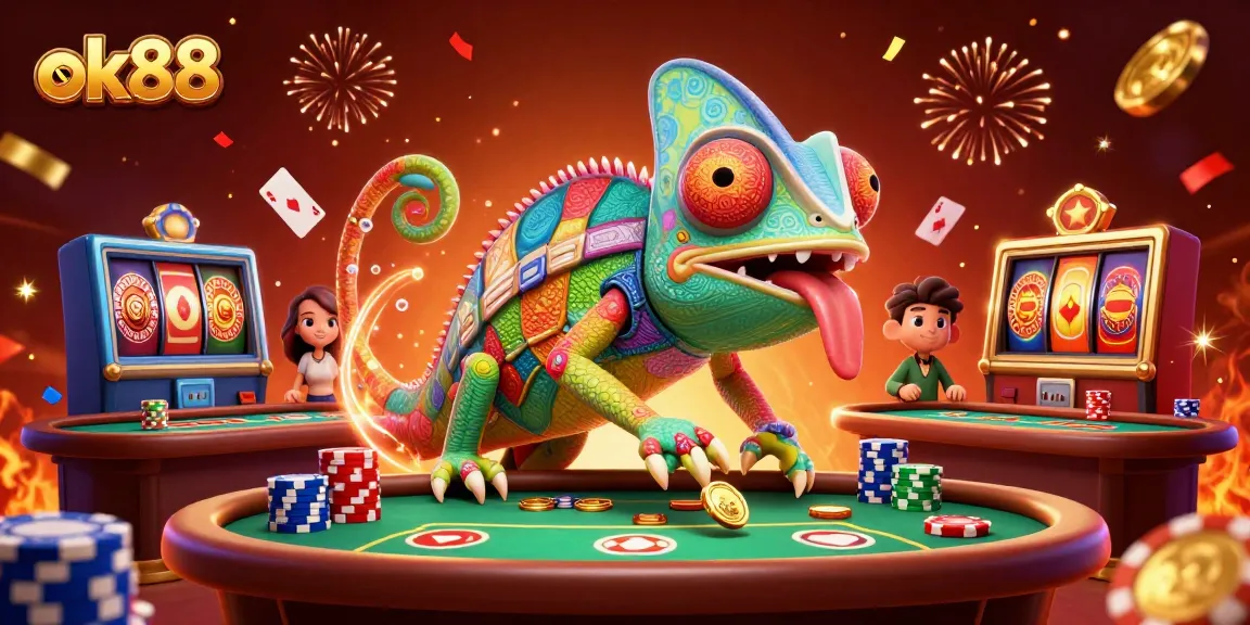 Experience the excitement of ok88 at a vibrant casino scene filled with playful chameleons and winning cards.