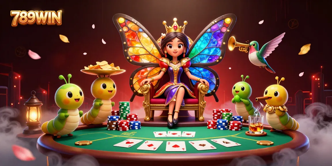 Engage with vibrant games at 789WIN, featuring colorful poker elements and a whimsical royal setting.
