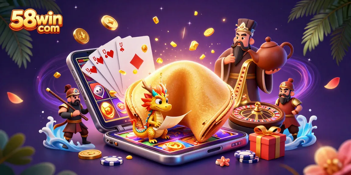 Engage with 58win com by exploring vibrant casino games amidst a golden fortune cookie illustration.