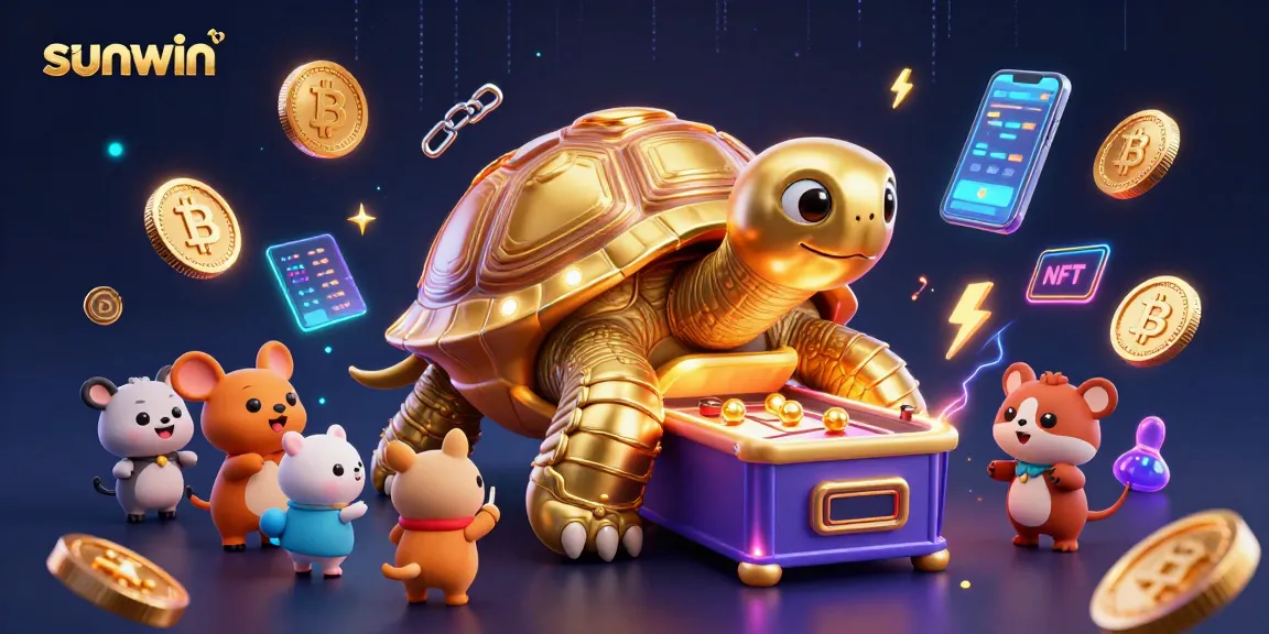 Engage with exciting games on Sunwin featuring a golden tortoise pinball machine surrounded by vibrant crypto elements.