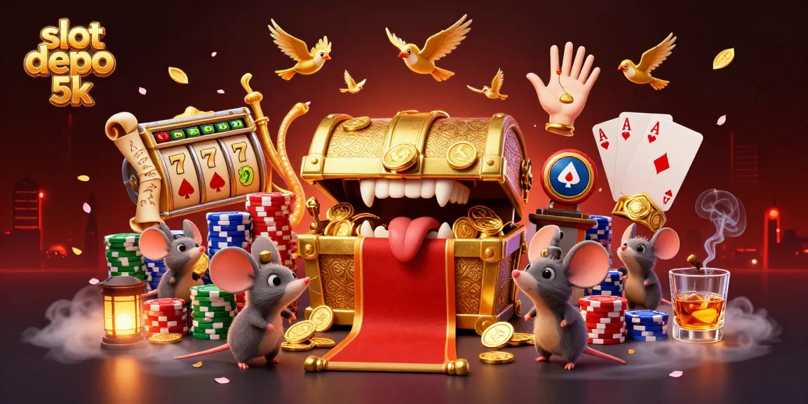 Engage with slot depo 5k, as adventurer mice are lured by a treasure chest amidst a vibrant casino scene.