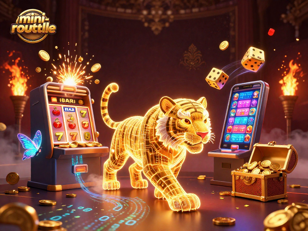Experience the excitement of mini-roulette with a vibrant scene featuring a golden tiger and dynamic casino elements.