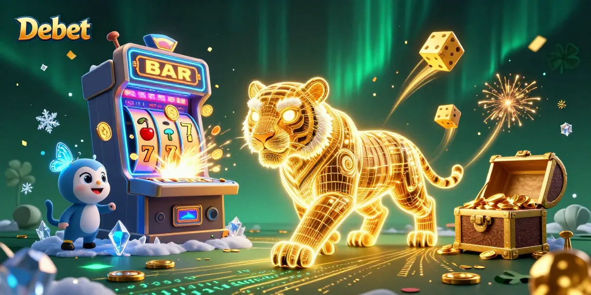 Experience the thrill of gambling with Debet in a vibrant 3D casino scene showcasing a digital tiger and bonuses.