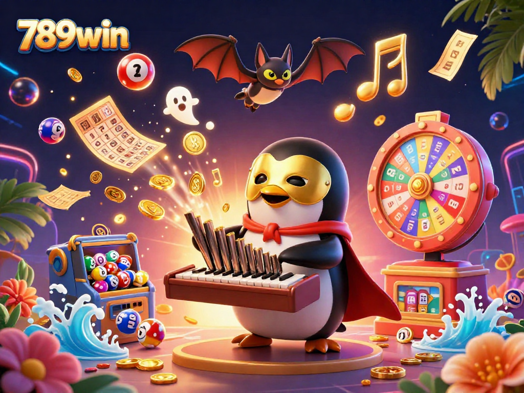 Explore exciting wins with 789win in this vibrant casino-themed illustration featuring playful elements.