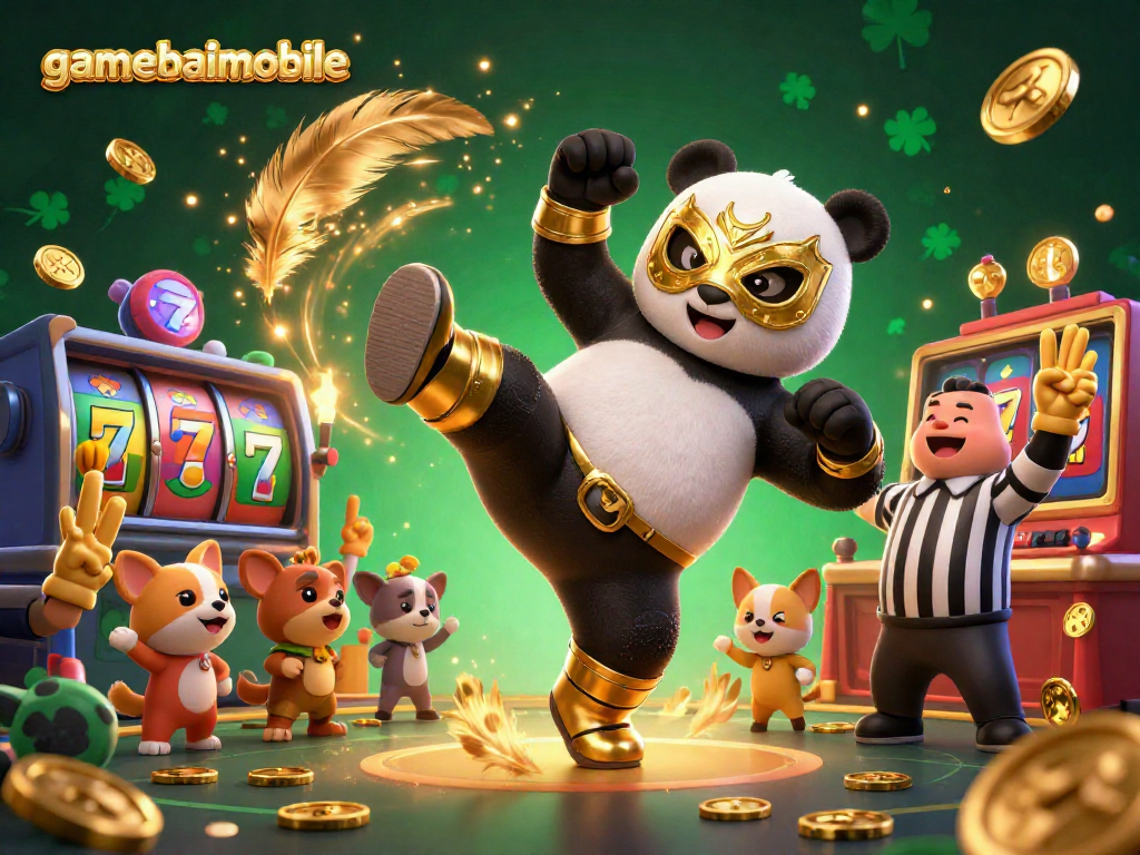 Watch the action unfold at gamebaimobile with a wrestling panda, vibrant slot reels, and cheering animal fans.