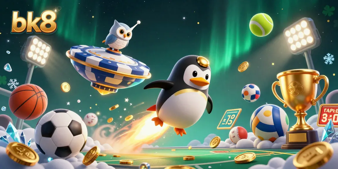 Experience the thrill of bk8 casino with a golden penguin soaring towards a vibrant gambling universe.