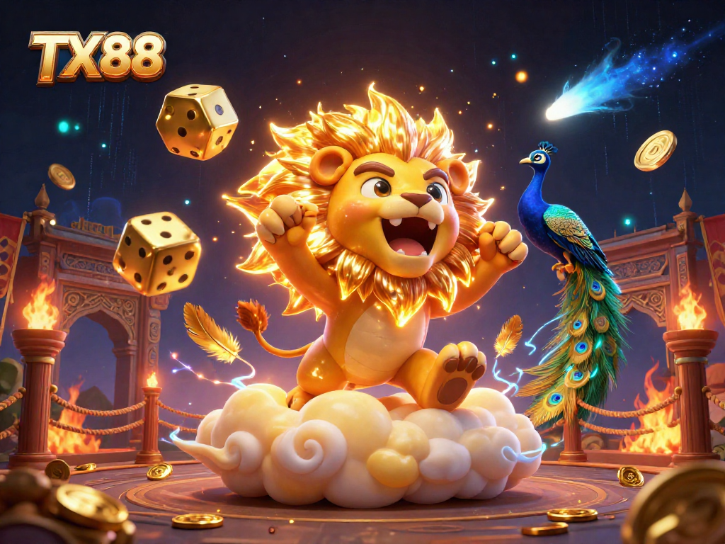 Experience the excitement of TX88 with a vibrant 3D illustration of a roaring sun lion amidst dynamic betting elements.