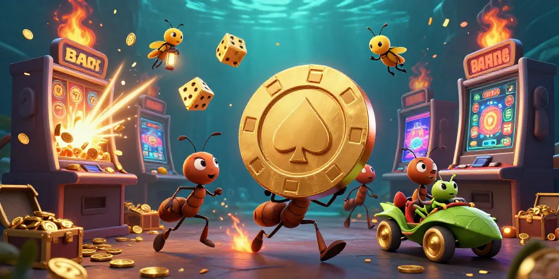 Engage in thrilling go88 casino action with cartoon ants heisting a golden poker chip amidst vibrant slot machine excitement.
