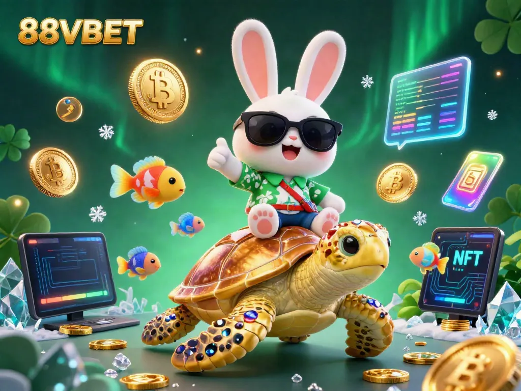 Experience the vibrant world of 88VBET with an engaging 3D scene of a lucky rabbit and sea turtle, celebrating online gaming.