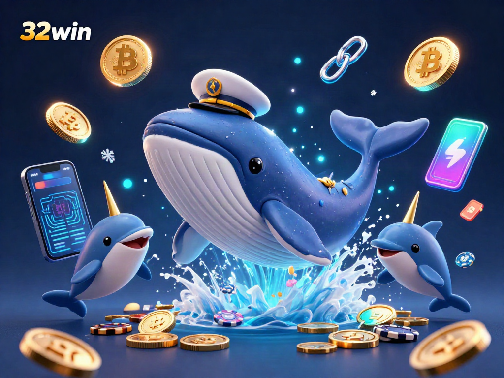 Engage with the exciting 32win world featuring a 3D cartoon whale and dolphin, surrounded by casino and crypto elements.