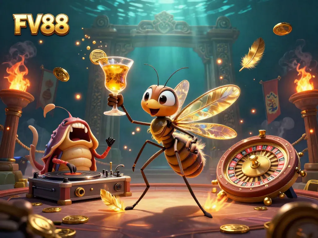 FV88 captures a lively casino scene with a frozen mosquito mascot and trilobite DJ, amidst golden gaming elements.