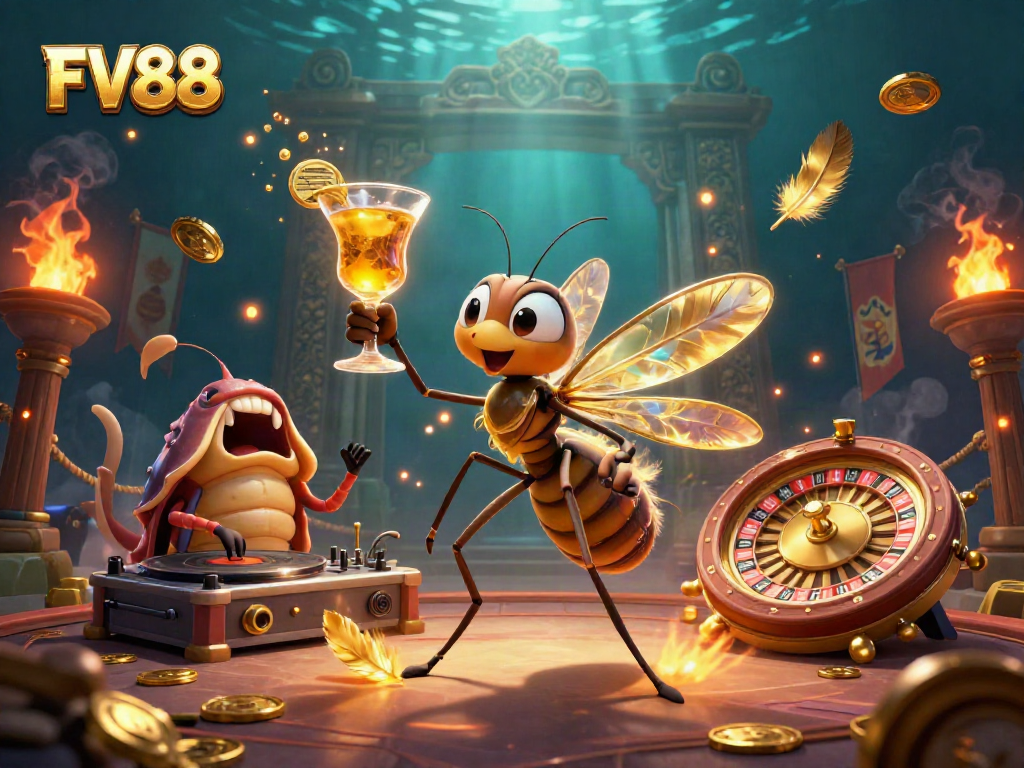 FV88 captures a lively casino scene with a frozen mosquito mascot and trilobite DJ, amidst golden gaming elements.