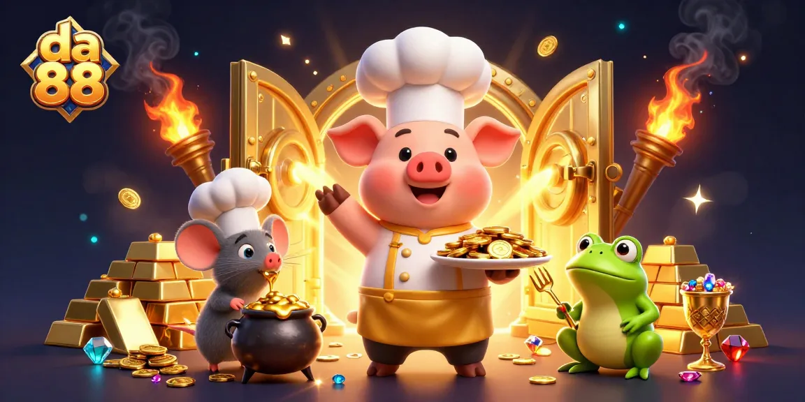 Spin to win at da 88 with a chef pig and gold treasures in a vibrant casino scene.