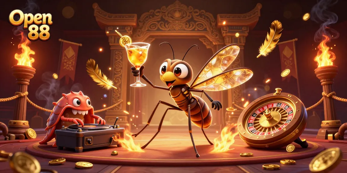Engage with Open 88's thrilling casino scene featuring unique characters and golden gaming elements.