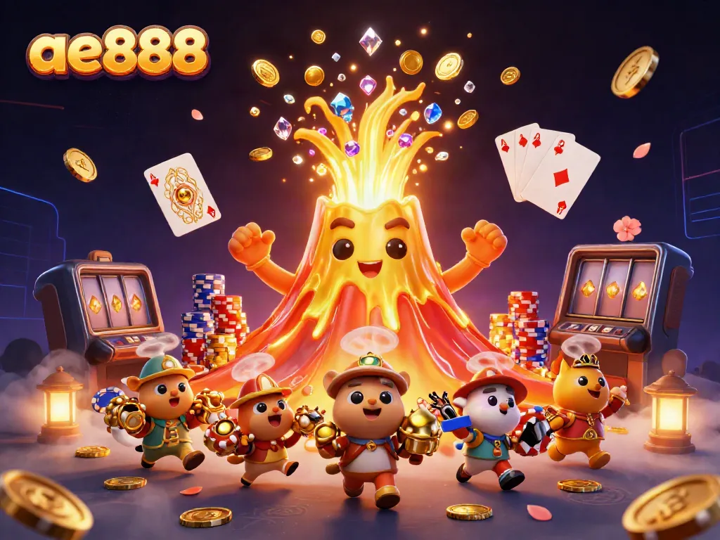 Experience the excitement of ae888 as treasures burst from a golden volcano in a vivid casino scene.