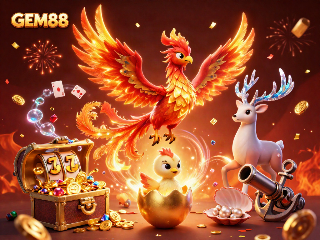 Experience the thrill of GEM88 with a dynamic illustration of a phoenix and gaming elements showcasing excitement.