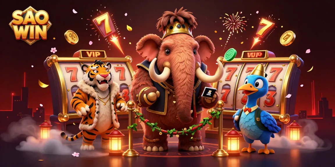 SAO WIN showcases a lively casino scene with a woolly mammoth checking IDs, a saber-tooth tiger guest, and festive elements.