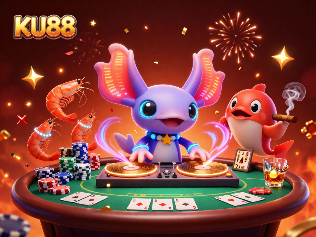 Experience the thrilling action at KU88 with vibrant 3D casino characters engaging in live poker gameplay.